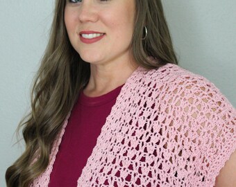カーディガン Katie - LACY LACY cardigan PINK CROCHET PATTERN, Short Sleeved Cardigan, Women's Sizes XS-5X, Lacy
