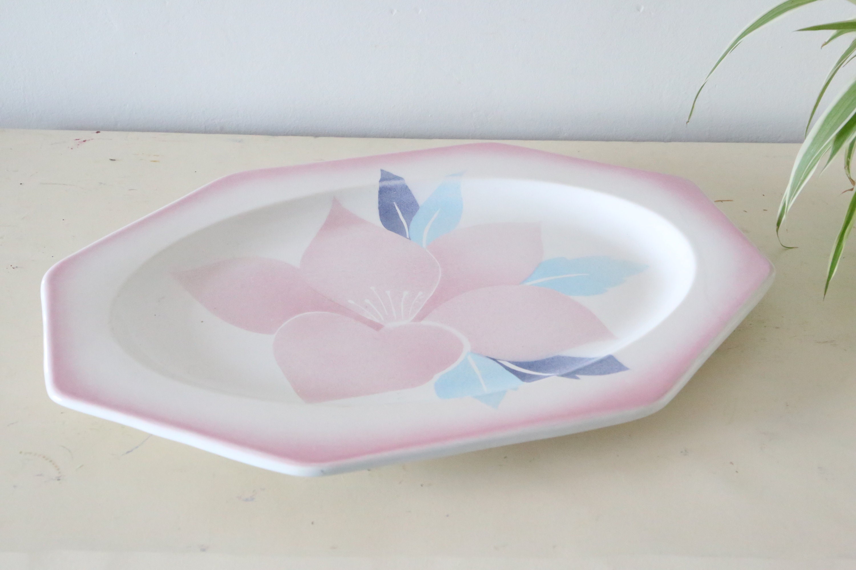 Plat Octogonal Niderviller, Motif Magnolia, 1980, Vintage