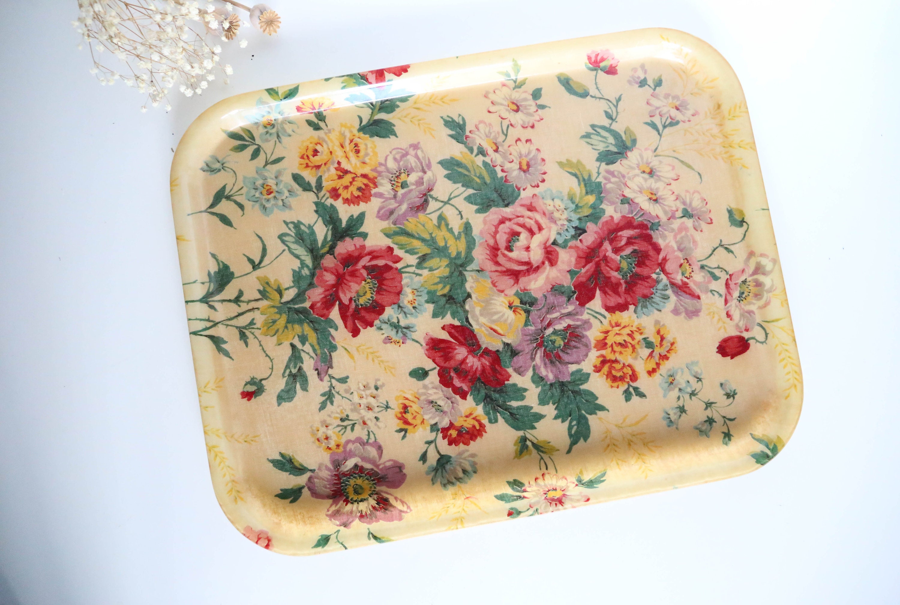 Plateau de Service en Fibre, Décors Floral, Vintage