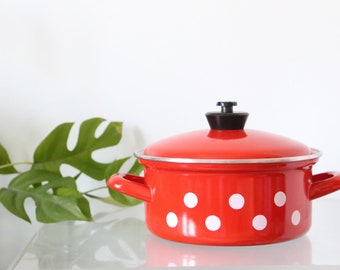 Faitout émaillé polka dots, vintage, bistrot, cuisine ancienne, ustensiles de cuisine, cocotte, émail
