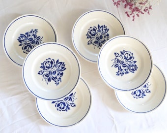 Set of 6 Badonviller flat plates, vintage French, authentic, rare, countryside