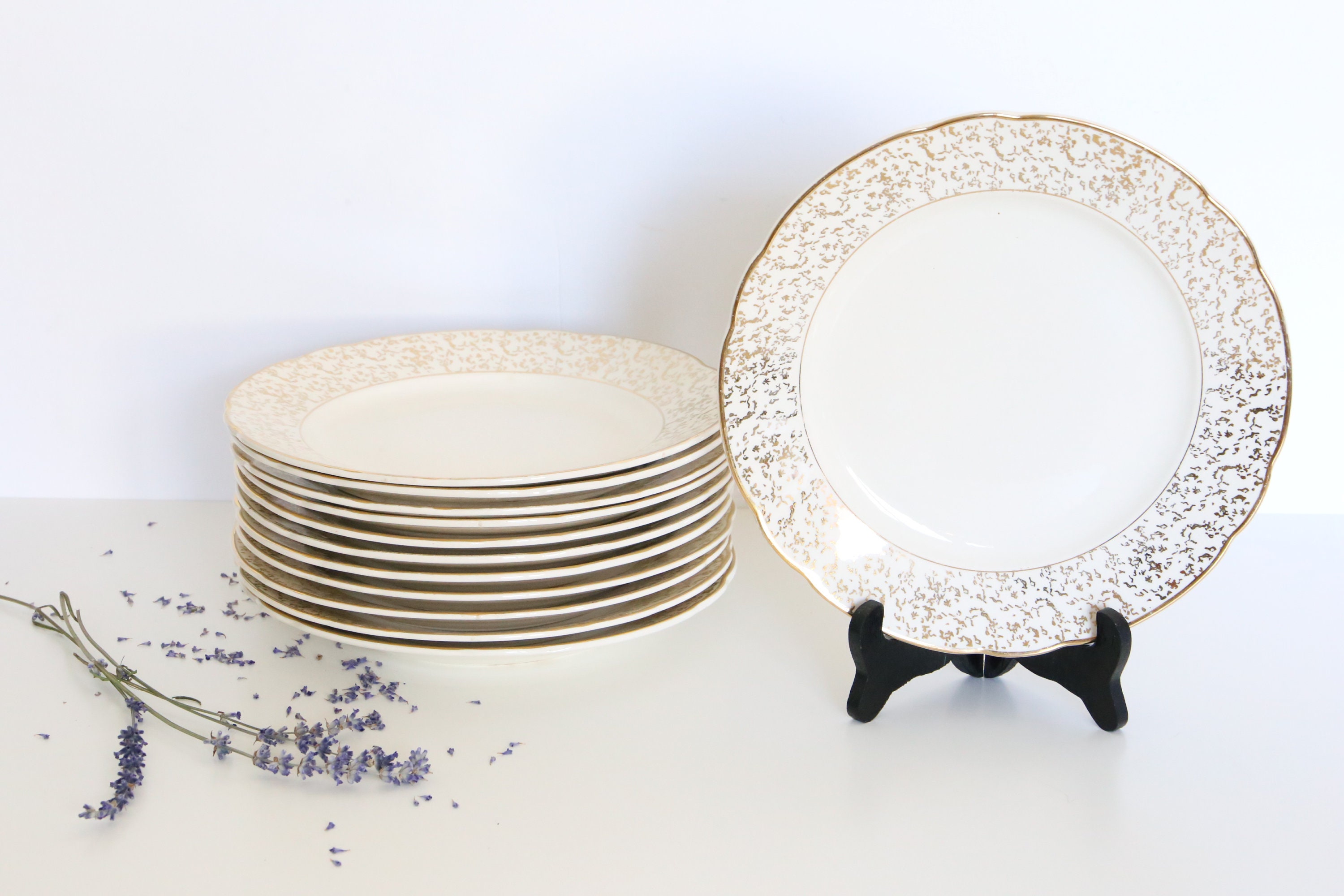 Assiettes Plates X12 Villeroy et Boch, Vintage, Céramique, Blanche, Doré, Fêtes, Chic