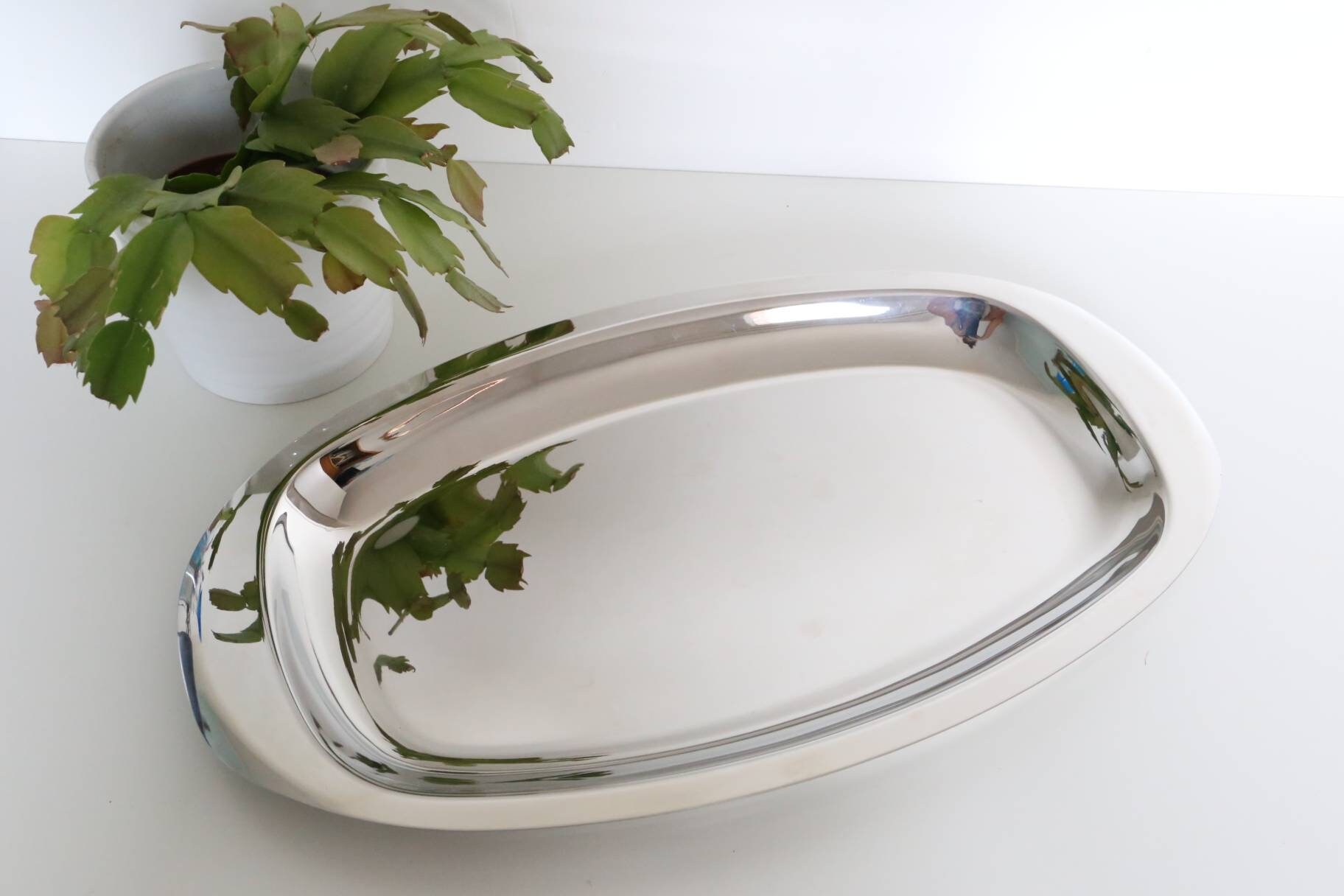 Plat de Présentation en Inox, Très Brillant, Ovale, Vintage