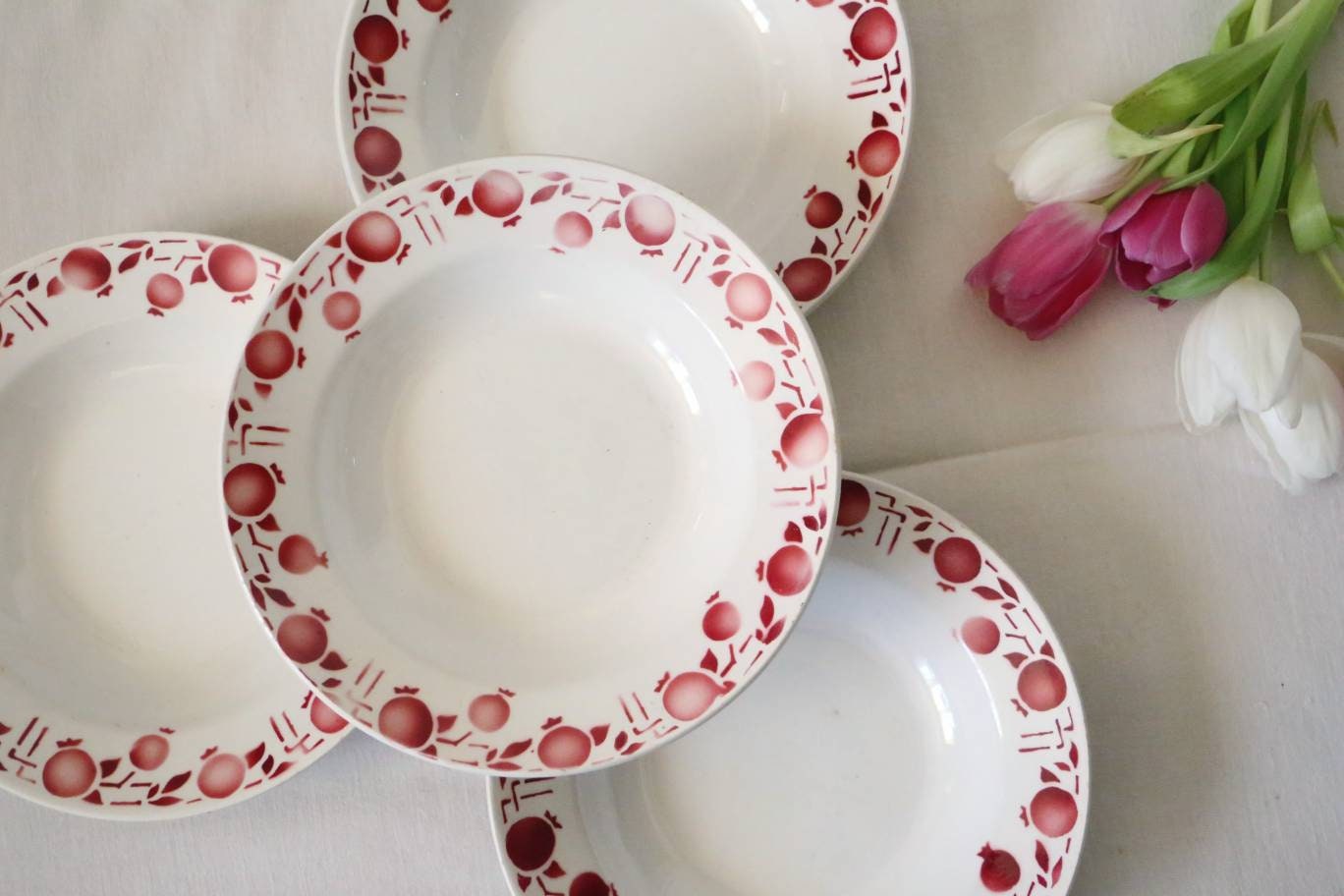 Set de 4 Assiettes Creuses, Céranord, Motif Pommes, Vintage