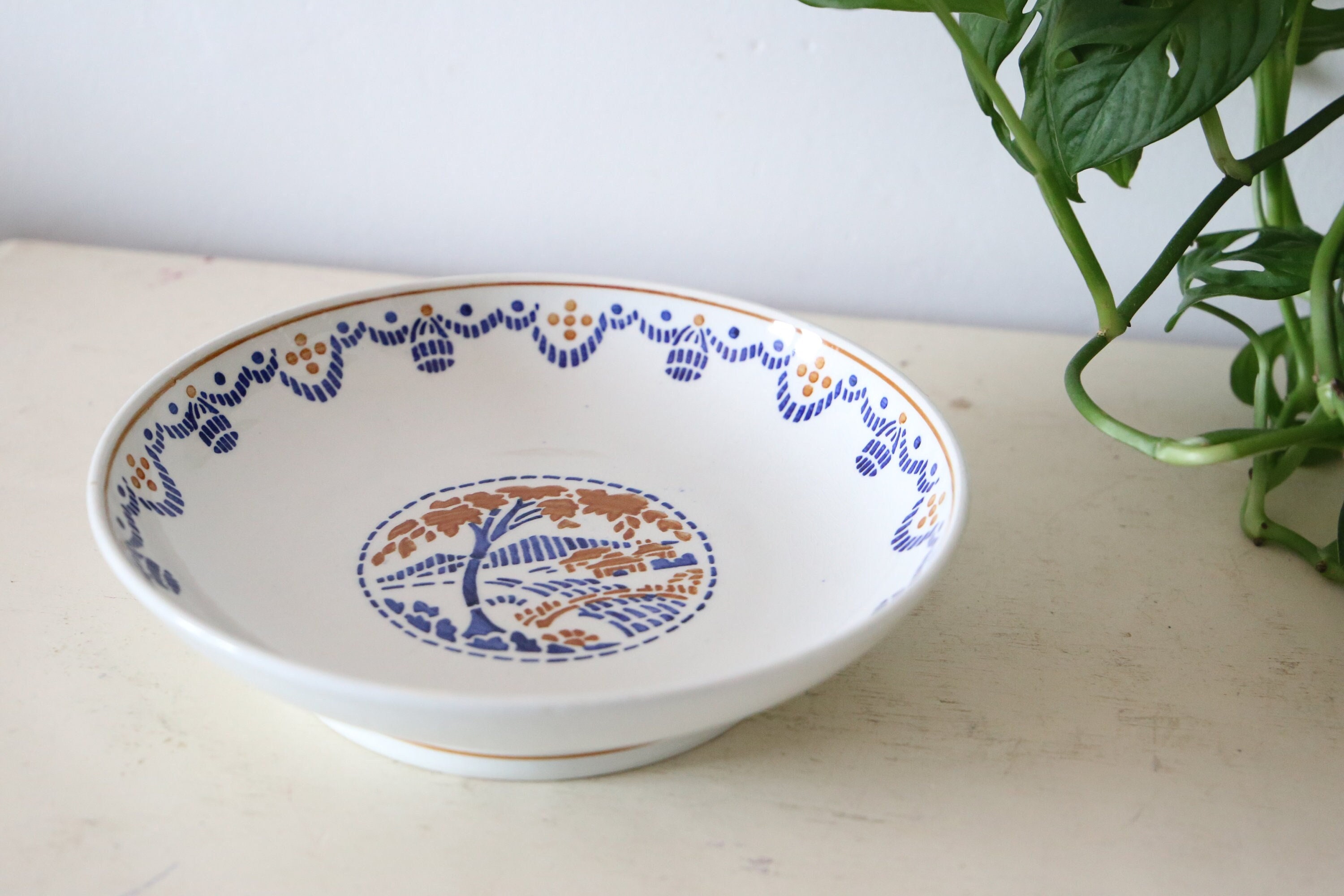 Coupe à Fruits, Plat sur Piedouche, Luneville, Manufacture Française, Vintage, Début Xxème Siècle