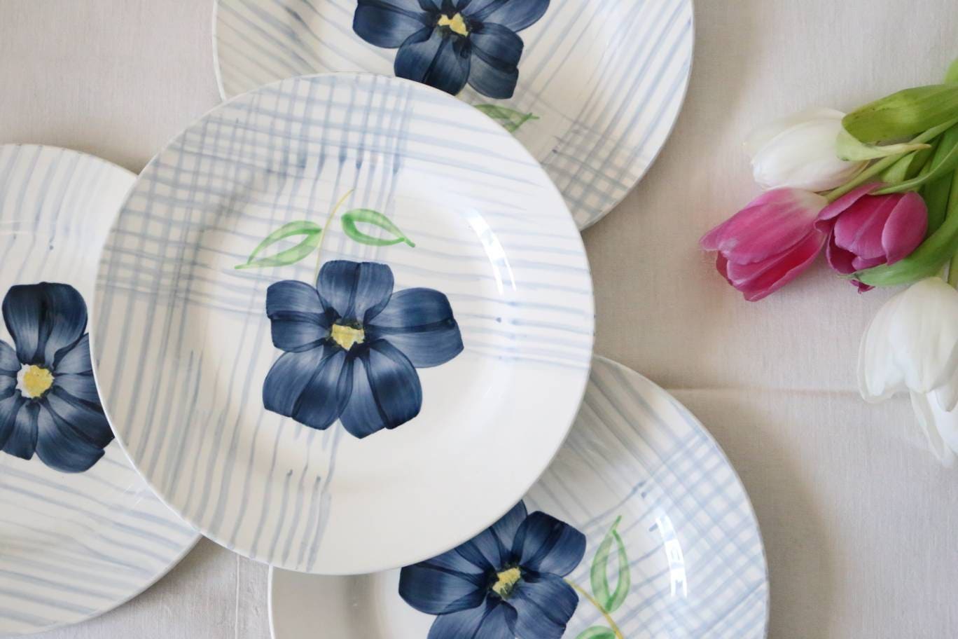 Ensemble de 4 Assiettes Plates Digoin, Motif Valentin, Vintage Français, Rustique, Campagne