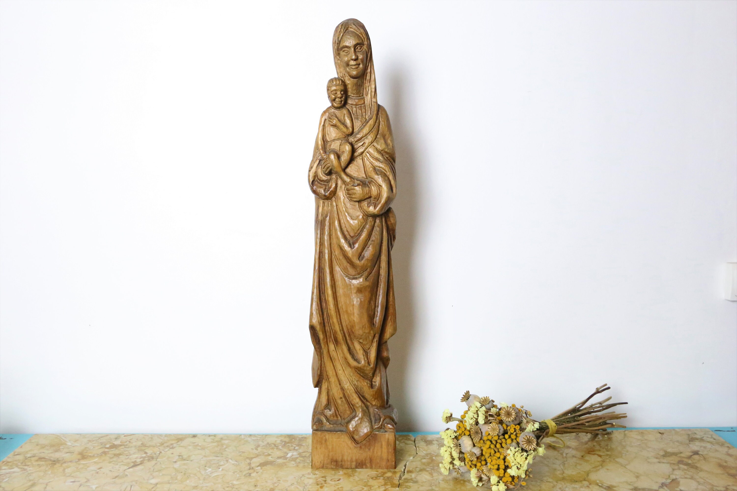Jolie Statue d'une Vierge à L'enfant en Bois, Vintage