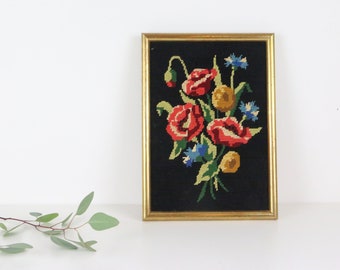 Adorable canvas bouquet of flowers in cross stitch, wall painting, vintage