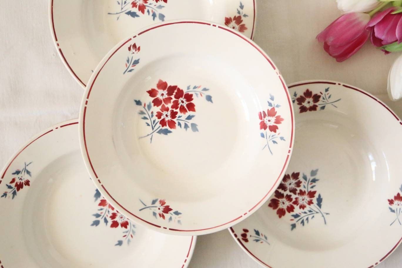 Set de 4 Assiettes Creuses, Moulin Des Loups, Motif Victor, Vintage