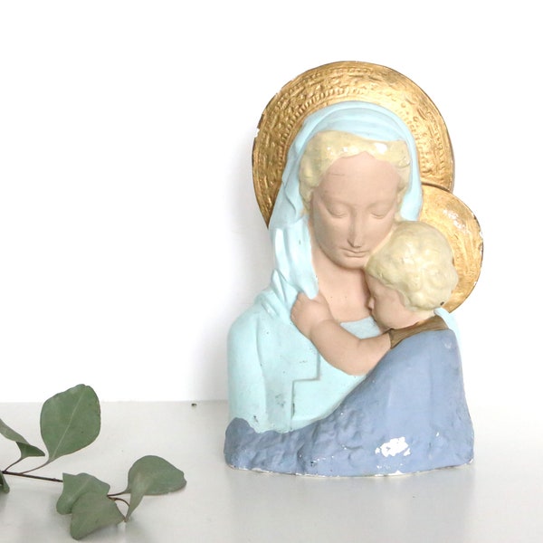 Vierge à l'Enfant, buste religieux en plâtre peint, vintage