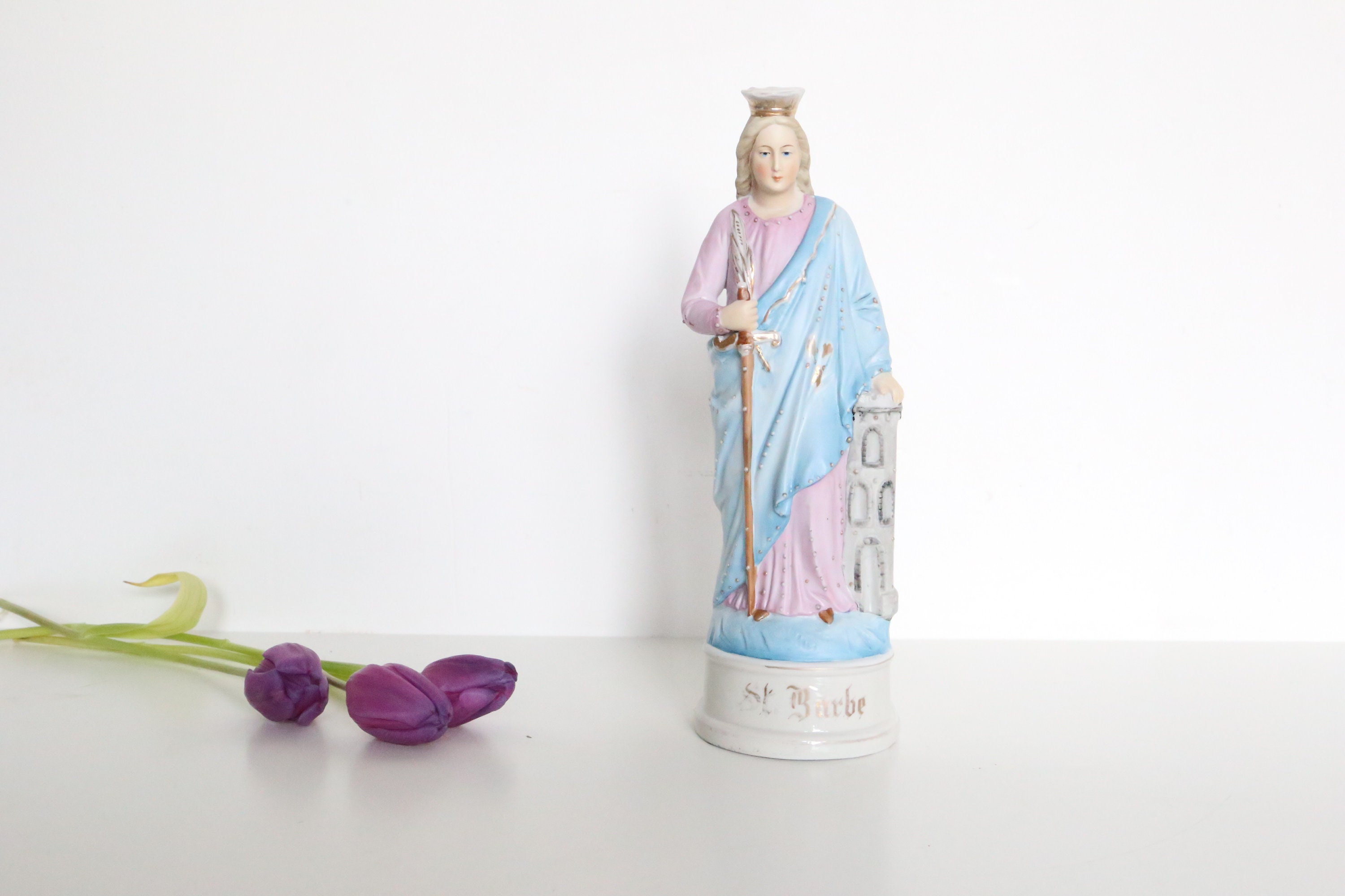 Sainte Barbe, Statue Religieuse en Plâtre Peinte, Vintage