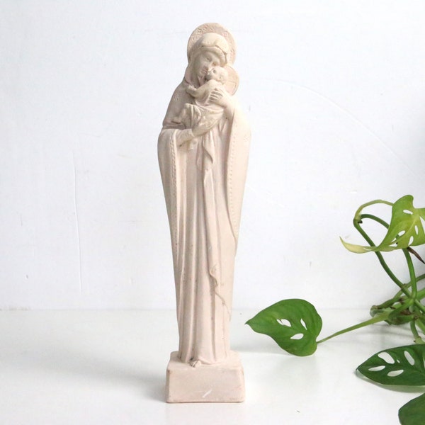 Vierge à l'Enfant, statue religieuse en plâtre rosé, vintage