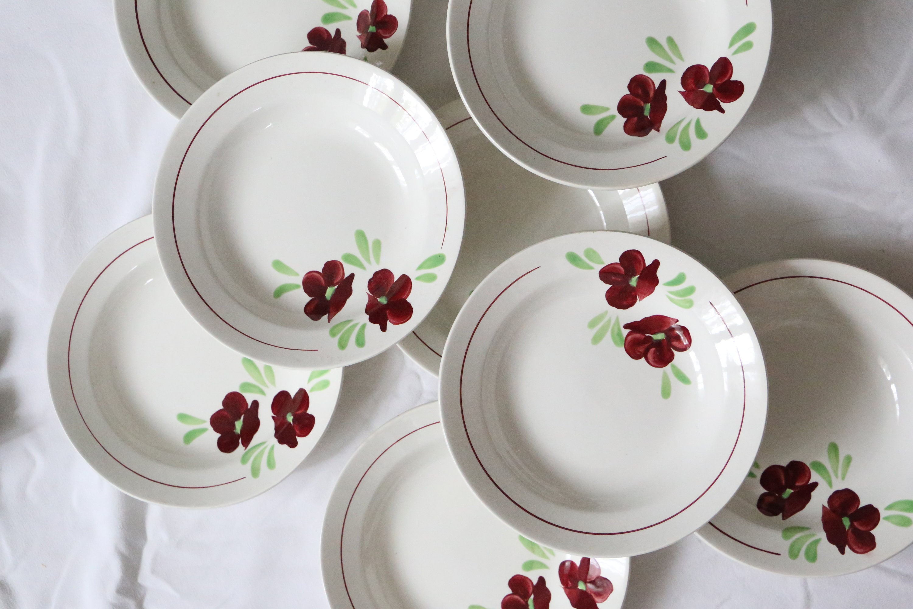 Set de 9 Assiettes Creuses Salins, Motif Ninon, Vintage Français, Authentique, Rare, Campagne