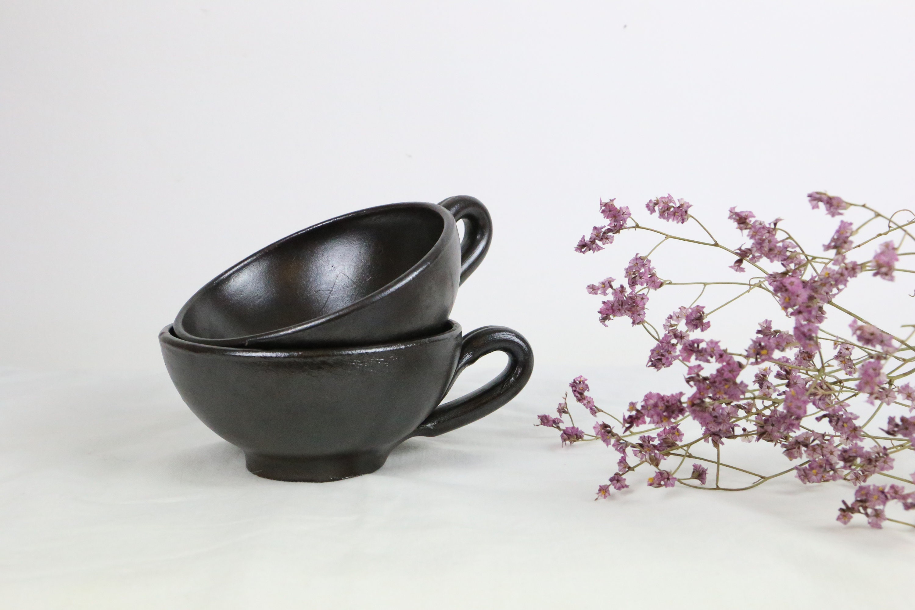 Set de 2 Grandes Tasses en Grès, Poterie Artisanale, Vintage, 1980