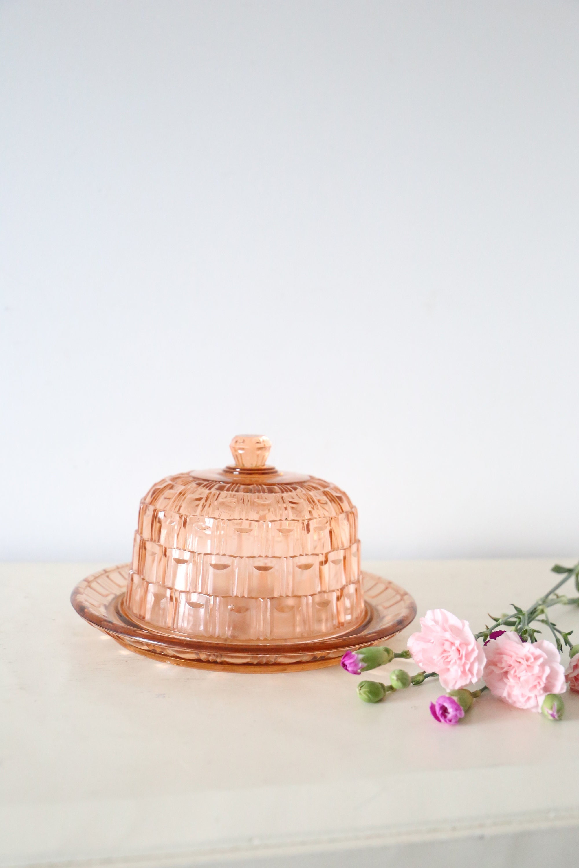 Cloche et Plateau en Verre Rose, Vintage