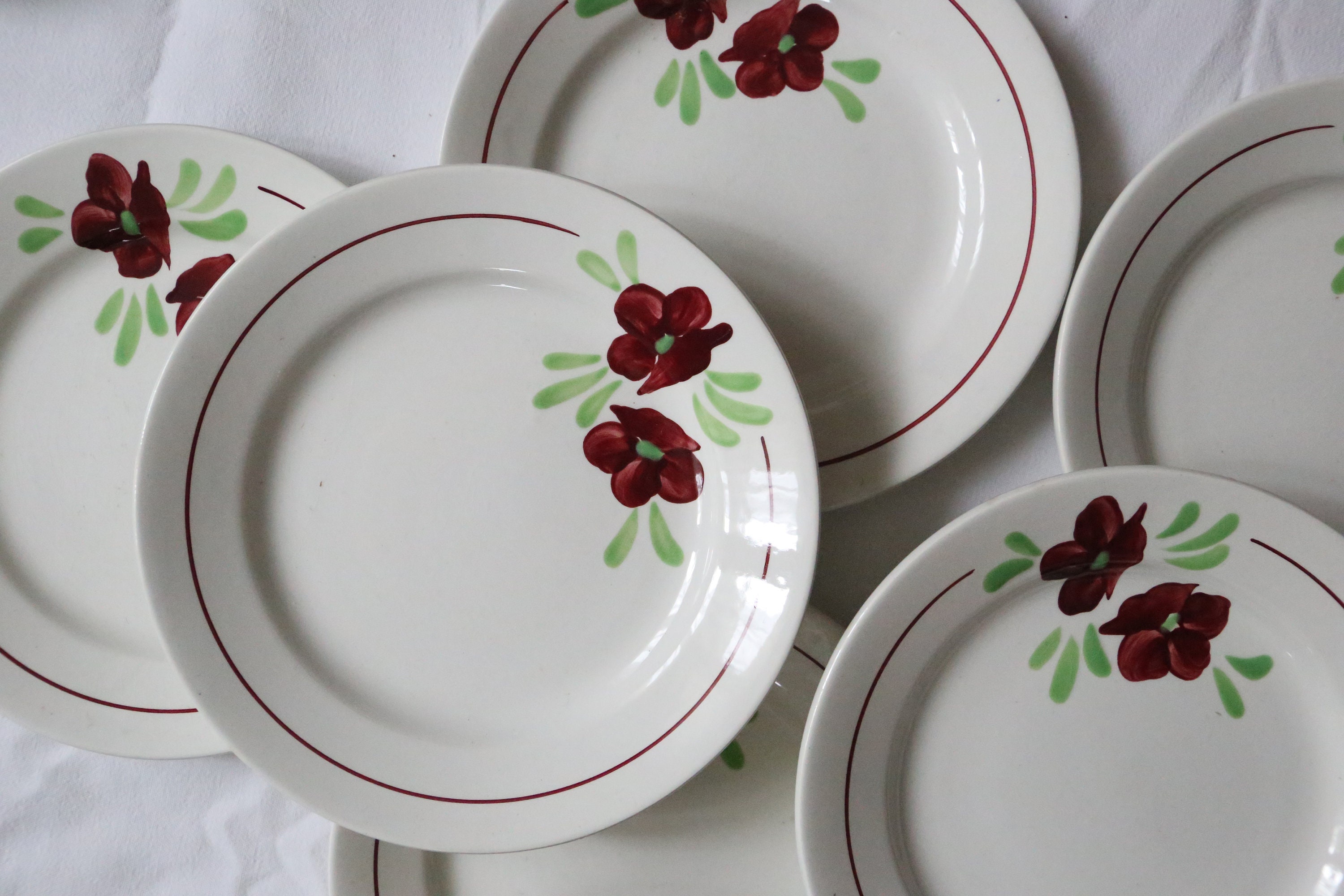 Set de 9 Assiettes Plates Salins, Motif Ninon, Vintage Français, Authentique, Rare, Campagne