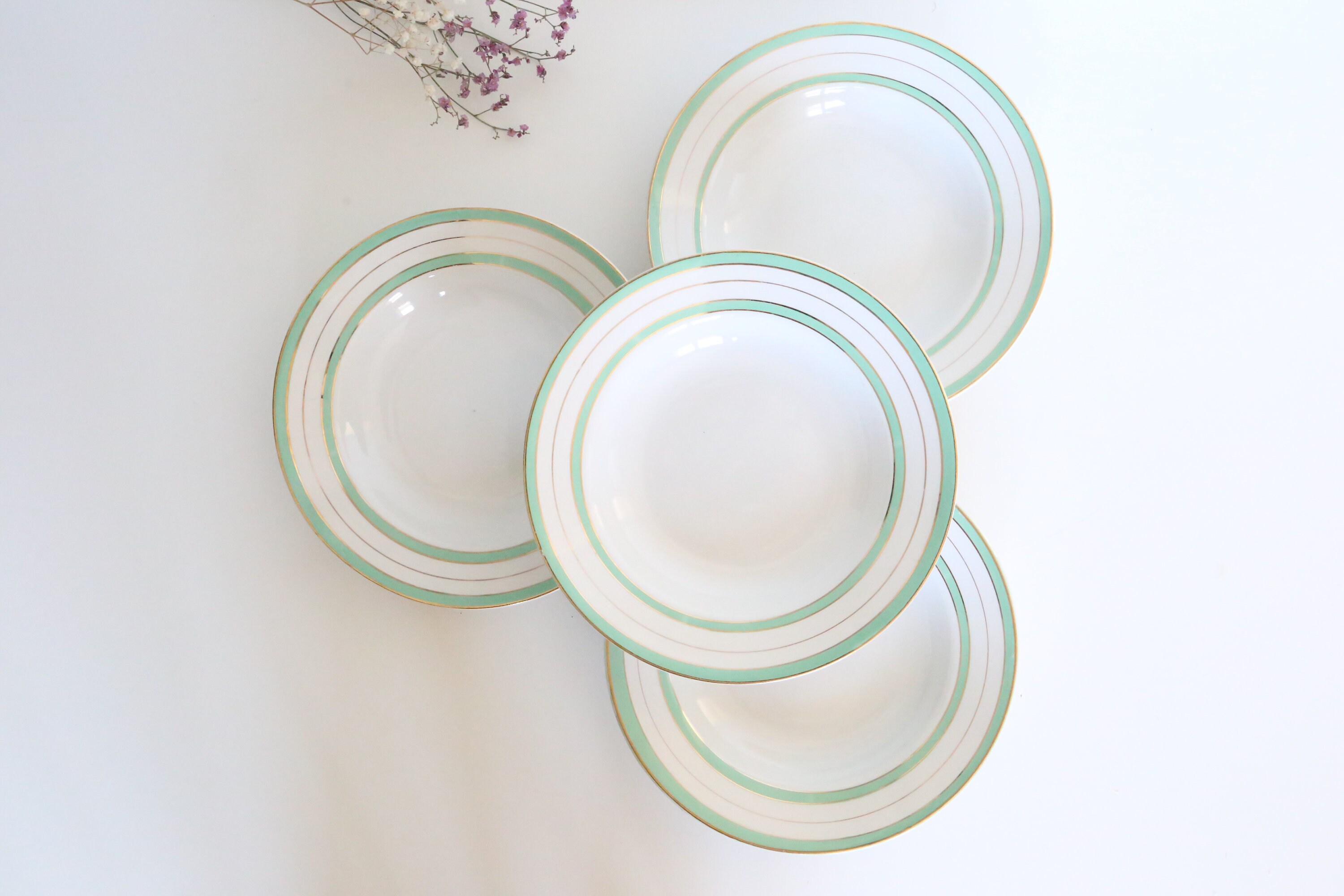 Set de 4 Assiettes Creuses, Porcelaine Opaque, Sarreguemines et Digoin, Vintage Français