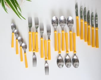 Vintage Boda Buffe Stainless Cutlery Set: Beige Handle Flatware