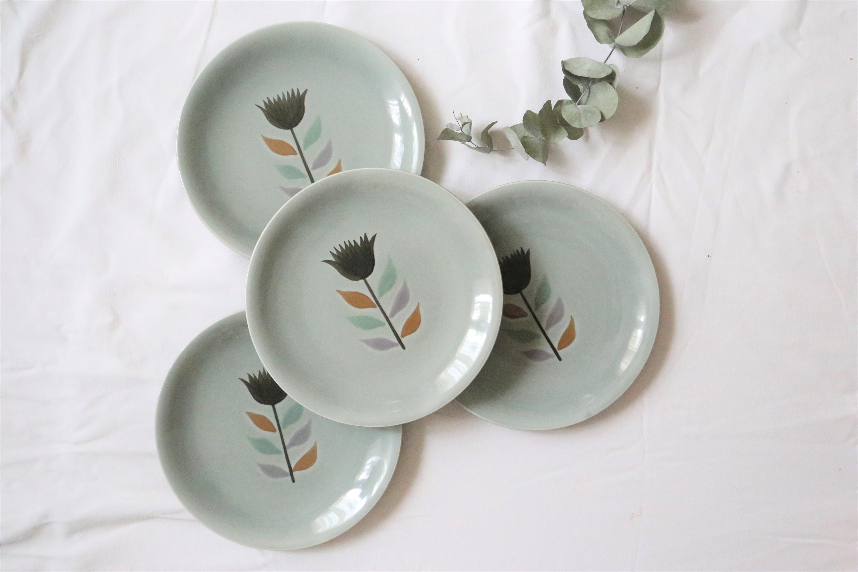 Set de 4 Assiettes Plates Salins, Motif Montpezat, Vintage Français