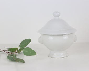 Lidded bowl, antique mini tureen, white earthenware