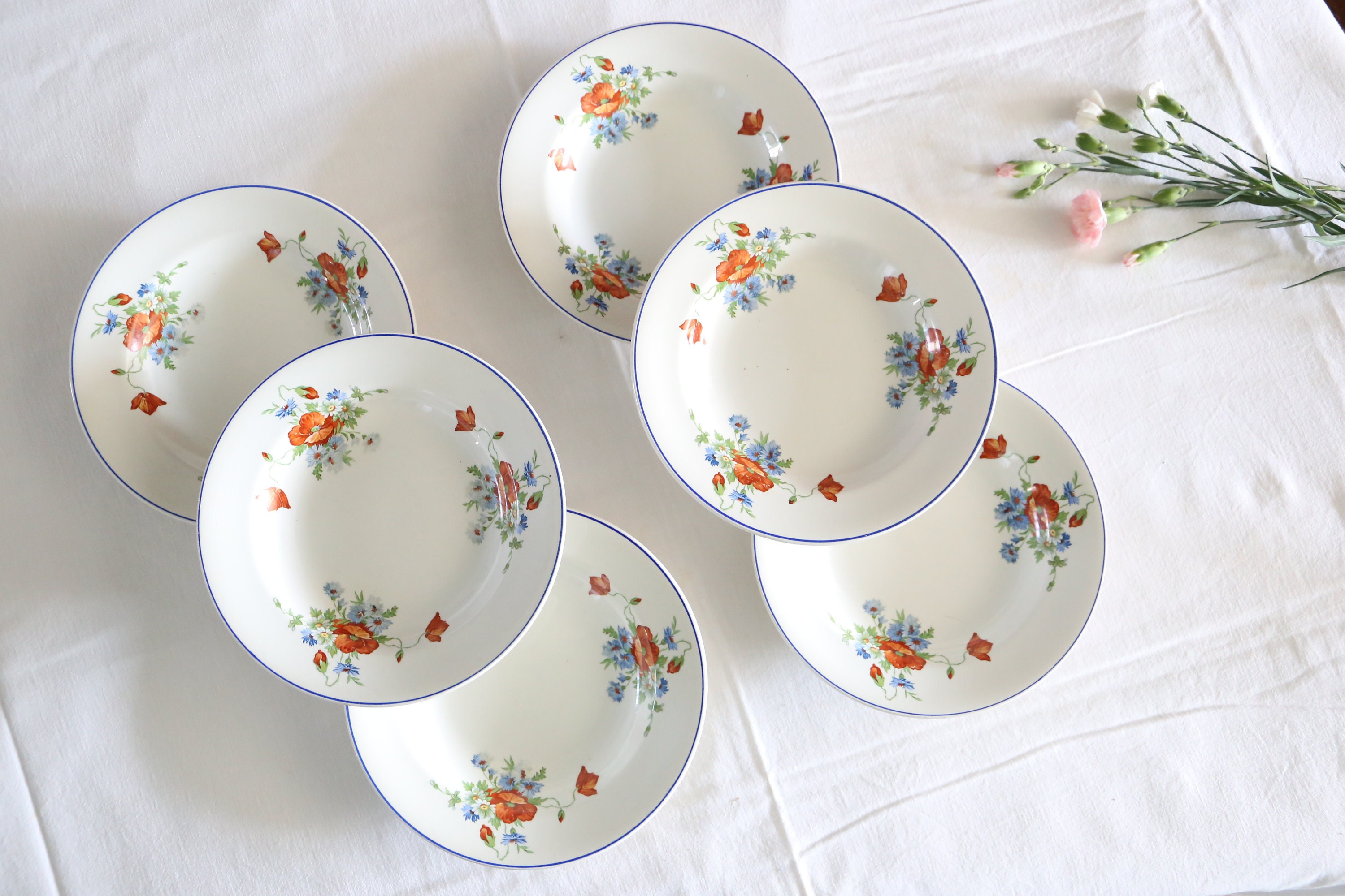 Set de 6 Assiettes Creuses Salins, Motif Coquelicot, en Opaceline, Vintage