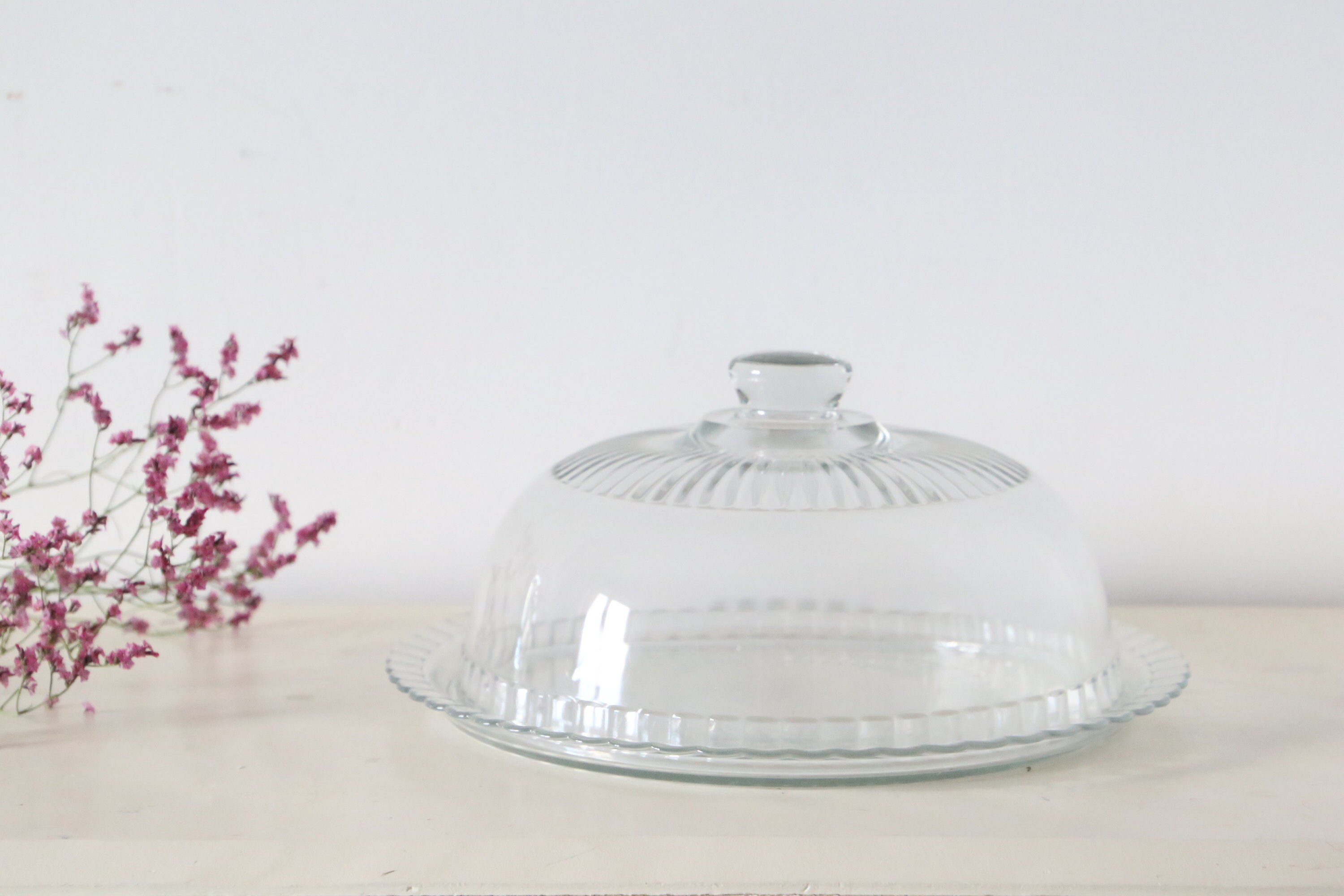 Cloche à Fromage et Son Plateau, en Verre, Vintage