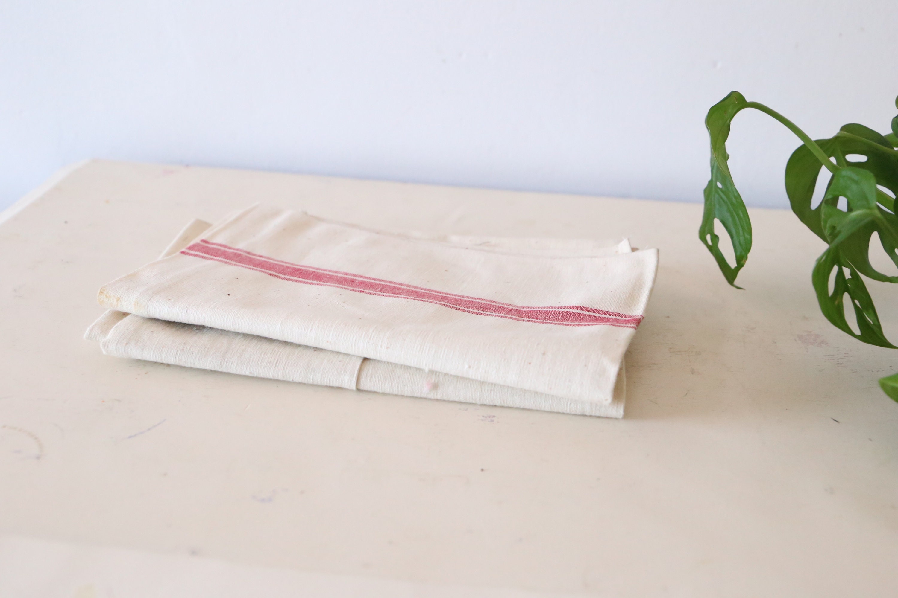 Set de 2 Torchons en Coton Etl Lin, Lignes Rouges, Authentique, Vintage, Campagne