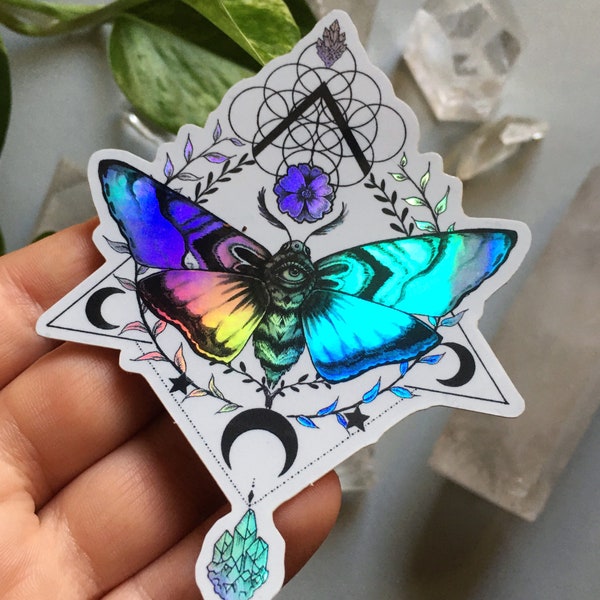 Big 10 cm Holo vinyl sticker-Crystal Moth- holographic