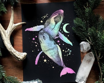 Holo colors Whales- hand signed Art Print on textured high quality paper -Witch Art