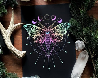 Holo colors Galaxy Moth- hand signed Art Print on textured high quality paper -Witch Art