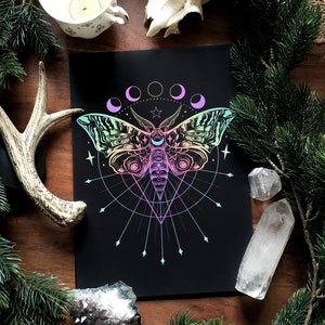 Holo colors Galaxy Moth hand signed Art Print on textured high quality paper Witch Art image 1