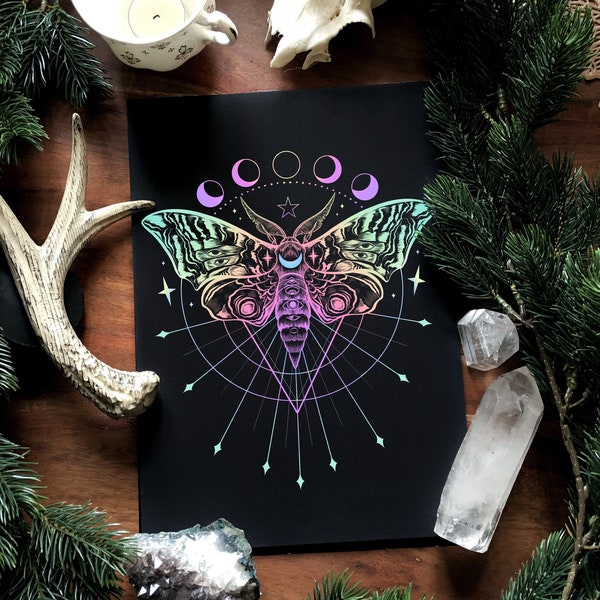 Holo colors Galaxy Moth- hand signed Art Print on textured high quality paper -Witch Art
