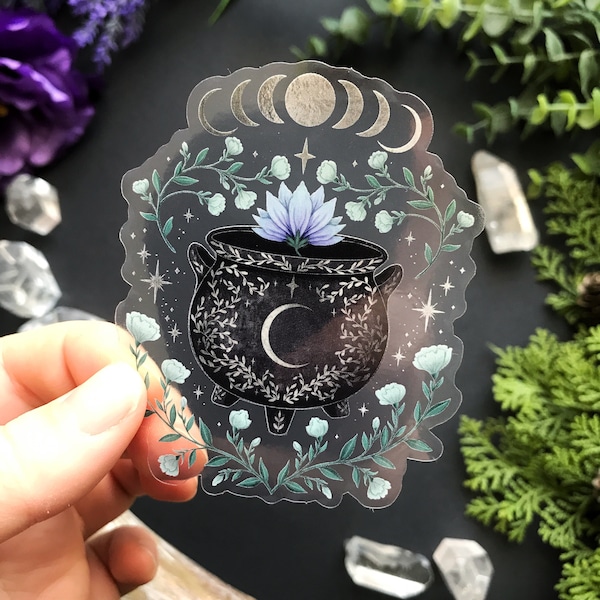 Beautiful transparent vinyl sticker- Witch Cauldron - waterproof sticker