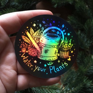 Adhesivo de vinilo holográfico grande de 7 cm: Riega tus plantas: adhesivo holográfico