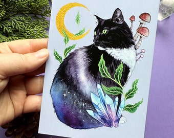 Magical postcard -cat and mushrooms- Designed by Pixie Cold