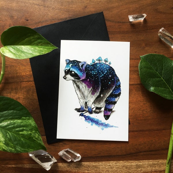 Galaxy painter raccoon postcard + black envelope Set