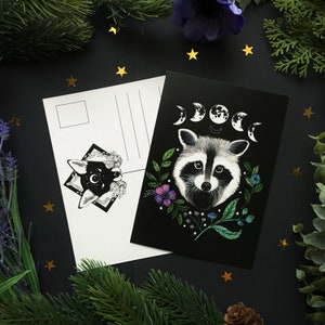 Carte postale raton laveur avec phases de lune - Conçu par Pixie Cold