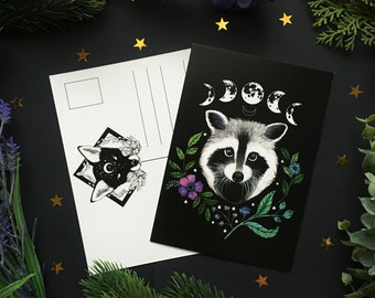 Moon Phase Raccoon postcard - Designed by Pixie Cold