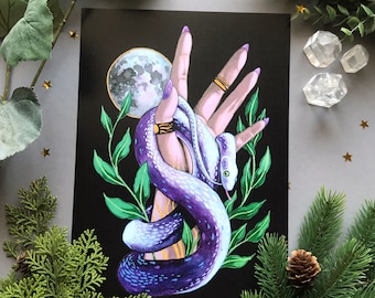 Hand and snake- hand signed Art Print on textured high quality paper -Witch Art