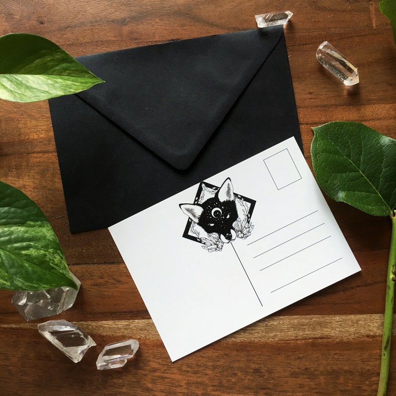 Moon Child fox postcard black envelope Set