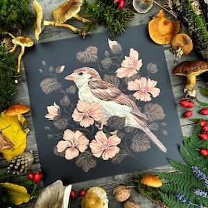 Sparrow and flowers- hand signed Art Print on textured high quality paper -Witch Art