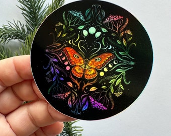 Big 7 cm Holo vinyl sticker-moth and plants- holographic sticker