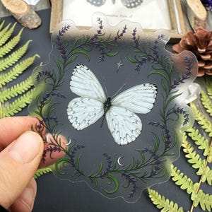 Beau sticker vinyle transparent - papillon blanc et lavande - sticker waterproof