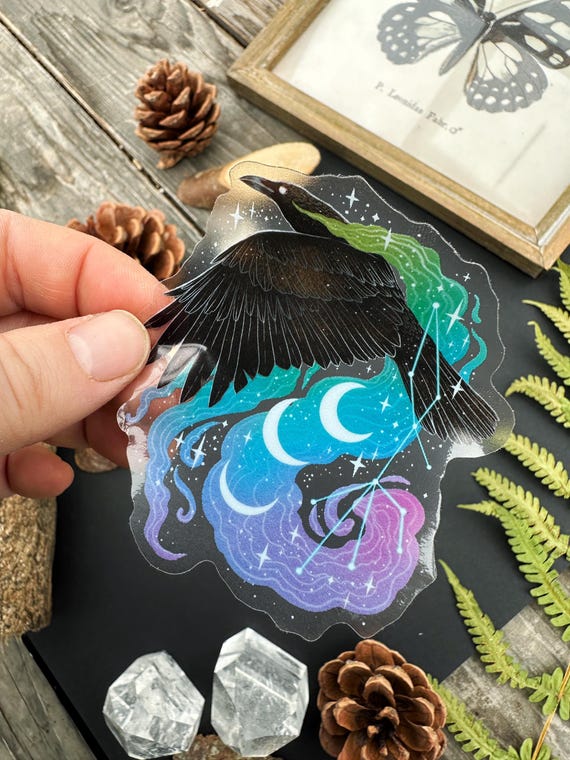 Beau sticker en vinyle transparent - corbeau et galaxie - sticker waterproof
