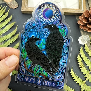 Magnifique autocollant en vinyle transparent - Munin et Hugin corbeau - autocollant imperméable à l'eau