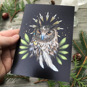 Metallic shimmering postcard -Owl goddess- Designed by Pixie Cold