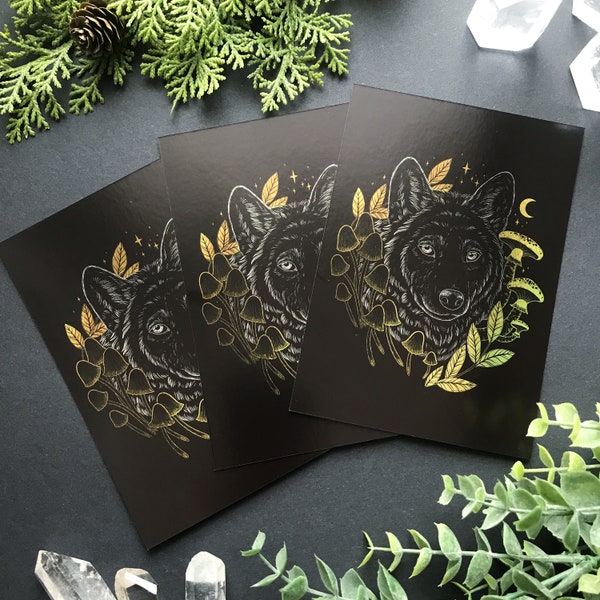 Metallic shimmering postcard -gold wolf and mushrooms- Designed by Pixie Cold