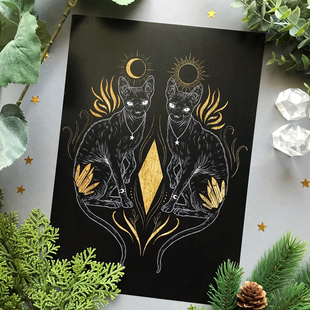 Sun and Moon Cats Hand Signed Art Print on Textured High Etsy