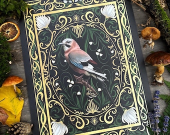 Jay and ornaments- hand signed Din A3 Art Print on textured high quality paper -Witch Art