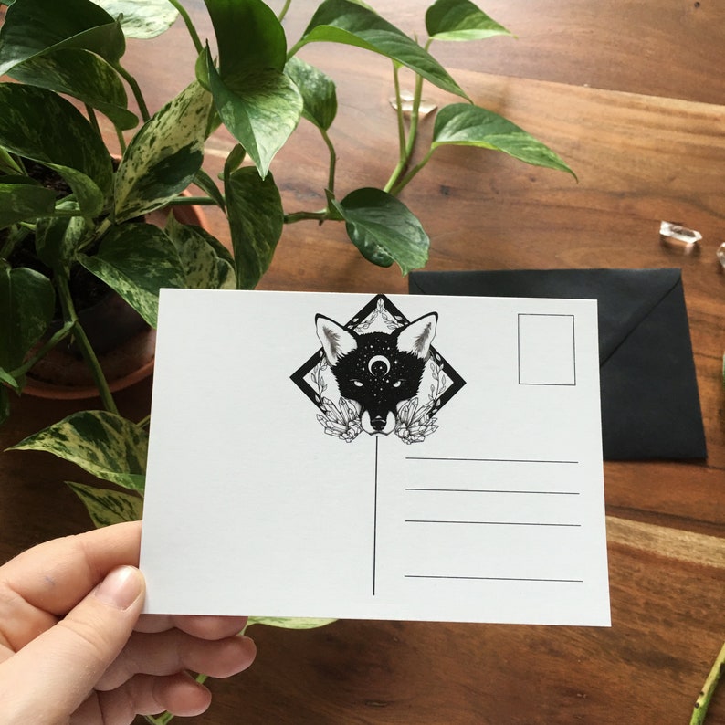Moon Child fox postcard black envelope Set